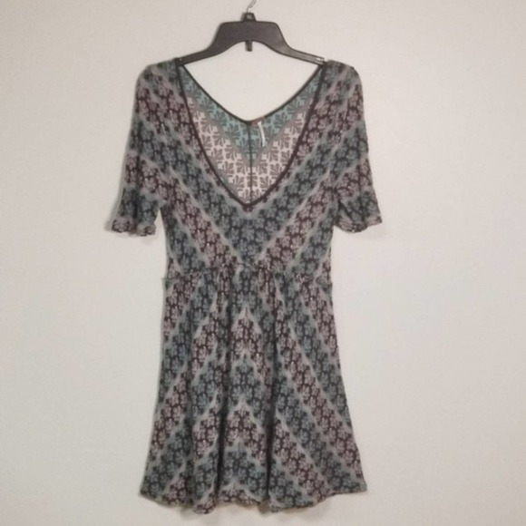 Free People Women's V-Neck Boho Fit & Flare Tunic Dress Blue Brown Size Large - Picture 2 of 7